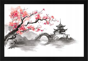 Poszter Keret Fa Ázsia Kína Pagoda Híd Cseresznyefa Sakura 60x40