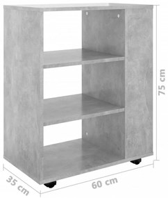 betonszürke szerelt fa kerekes szekrény 60 x 35 x 75 cm