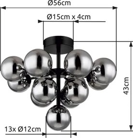 Globo 56143-13D Mennyezeti lámpa fém fekete matt, füstszínű üveg gömbök, ø: 560mm, M: 430mm, 13x G9 LED 5W 230V izzók nélkül