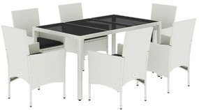 7 részes fehér polyrattan/üveg kerti étkezőgarnitúra párnával
