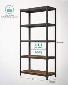 Nagy teherbírású tárolópolc, 5 állítható polccal, 875 kg teherbírás, 90 x 40 x 180 cm, rusztikus barna/fekete