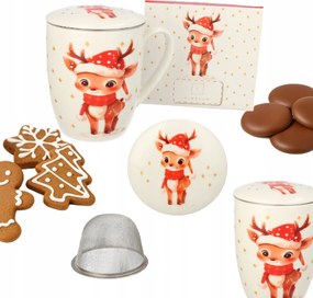 Ünnepi bögre kávéhoz, teához, porcelán Livello teáskészítővel 350ml rénszarvas