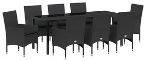 9 Darabos Kerti Étkezősor Párnákkal Fekete Poli Rattan, Kerti Asztal Fekete 200x80x73 cm Edzett Üveg
