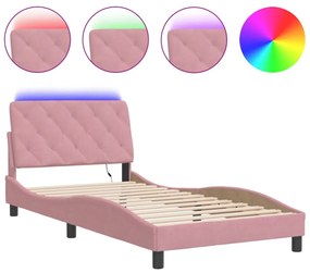 rózsaszín bársony ágykeret LED-ekkel matrac nélkül 100 x 200 cm
