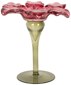 Üveg mécsestartó virágkehely alakú 14x14 cm zöld rózsaszín