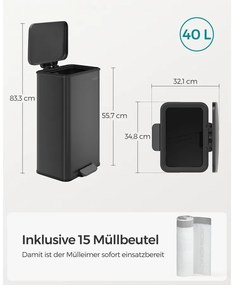 Konyhai szemetes 40L, nagy pedálos kuka fedéllel, 15 szemeteszsák mellékelve, fekete