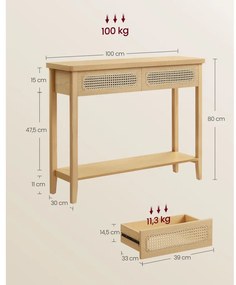 Konzolasztal két fiókkal, rattan hatású előlap, tölgy 100x30x80cm