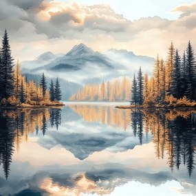 Vászonkép Canvas Tájkép Hegyek Erdő Fák Tó Tükröződés 80x80