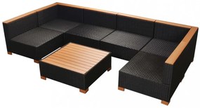 7-részes fekete polyrattan kerti bútorszett párnákkal