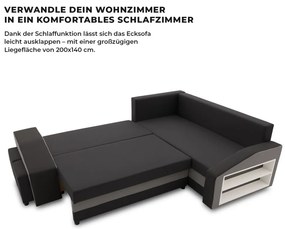 Grande sarokkanapé polcokkal és puffokkal , polc a jobb karfaban puffok a bal karfaban, jobboldali, szövet anyag, bonell töltet, fekete - szürke