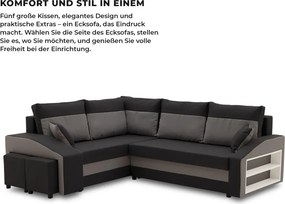 Grande sarokkanapé polcokkal és puffokkal , polc a jobb karfaban puffok a bal karfaban, baloldali, szövet anyag, hab töltet, fekete - szürke
