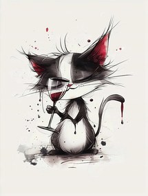 Vászonkép Canvas Grafika Rajz Macska Bor Pohár 75x100