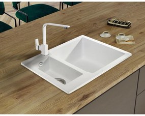 Mosogató Quality Ferrum, konyhai gránit mosogató 605x495x210 mm + fekete szifon, fehér, SKQ-FER.W.5KBO.XB