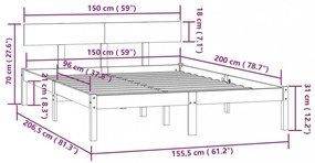 King Size fehér tömör fenyőfa ágykeret 150 x 200 cm