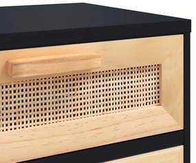 fekete tömör fenyőfa és természetes rattan éjjeliszekrény