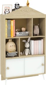 AIYAPLAY Fa Gyerek Könyvespolc 4 Rekesszel Gyerek Könyvtár Nyitott Polcokkal és Szekrénnyel Gyerek Szobába Játszószobába 80x30x140,5 cm Fehér és Termé