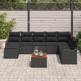 9 részes kertibútor szett párnákkal fekete poli rattan akácia, 2-fős kertibútor párnákkal fekete poli rattan