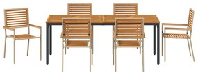 7 Részes Kerti Étkezősor Bézs Poli Rattan Akáciából, Egymásra Rakható Kerti Székek Párnákkal - 2-es Készlet Bézs Poli Rattan, Kerti Asztal 200x90x75 cm Szilárd Akácfa és Fém