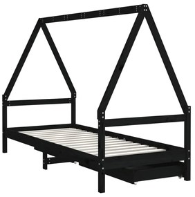 fekete tömör fenyőfa gyerekágykeret fiókokkal 90 x 200 cm