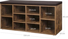 10 cipőtároló pad, cipőpad, cipőtartó párnával, rusztikus barna