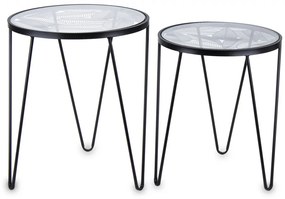 Design fekete faleveles fém 2db-os asztalka szett, üveg asztallap 56,5x46,5x46,5/50x41,5x41,5cm