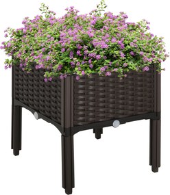 Outsunny Emelt Ágyás, Virágcserép Leeresztő Lyukkal, Rattan Hatású Virágtartó, Műanyag, Barna, 40 x 40 x 44 cm | Aosom