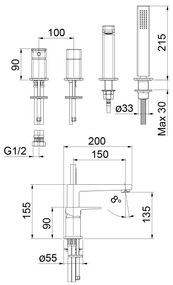 Sapho - TURSI 4-lyukú kádcsaptelep, matt fekete