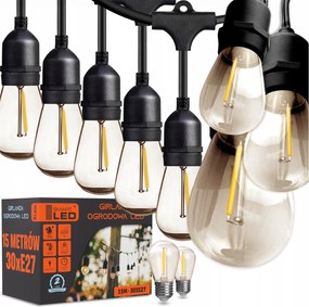 Kerti fényfüzér 15M 30X E27 Led izzó vízálló kábel