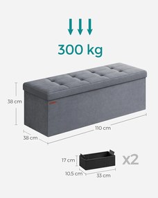 Összecsukható Puff Tárolópad 38 x 110 x 38 cm,  300 kg teherbírás, szürke