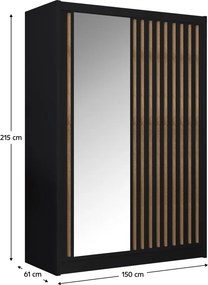 Tolóajtós szekrény, fekete/craft tölgy, 150x215 cm, LADDER