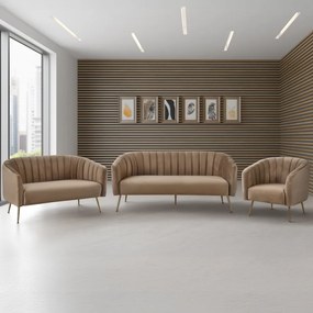 Design 3-as ülés kanapé, barna bársony szövet/arany króm-arany, BAGY