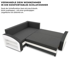 Grande sarokkanapé polcokkal , polc a bal karfaban, baloldali, szövet anyag, bonell töltet, szürke - fehér