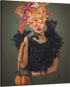 Vászonkép Hölgy macskával Virágok Fekete 80x100 cm Ideális ajándék