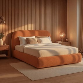 Ágy 160x200 cm méretben, ágyneműtartóval, vörösesbarna színben, bouclé kárpittal ROSSO