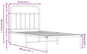 fekete fém ágykeret fejtámlával 90 x 190 cm