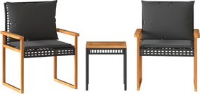 vidaXL 3 részes fekete polyrattan és akácfa bisztrószett párnákkal