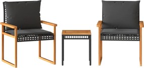 vidaXL 3 részes fekete polyrattan és akácfa bisztrószett párnákkal