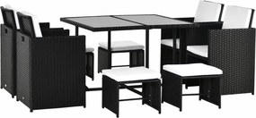 Outsunny 9 db. Polyrattan Kerti Bútor Készlet Étkező Csoport Készlet Párnákkal, Fekete 110 x 110 x 71 cm | Aosom