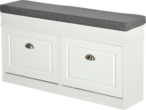 HOMCOM Cipőpad, Cipőtároló Pad 8 Pár Cipőhöz 2 Fiókkal, Állítható Polcokkal és Párnázott Üléssel Előszobába, Folyosóra 104x24x55 cm Fehér | Aosom