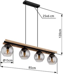 Globo 15569-4HW Függeszték fém fekete matt, fa sötétbarna, üveg füstszínű, kábel PVC fekete, magassága állítható, HxSzxM: 850x150x1200mm, 4x E27 25W 230V izzók nélkül