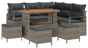 8 darabos kerti kanapé szett párnákkal, szürke, poli rattan, akác, 2 fős kerti kanapé párnákkal, szürke, poli rattan, 3 darabos kerti étkező szett párnákkal, szürke, poli rattan, akác
