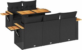 vidaXL 6 részes fekete polyrattan akácfa kerti ülőgarnitúra párnákkal