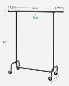 Gurulós ruhatartó állvány, max. 130 kg terhelhetőség, 45 x (110-150) x 162,9 cm, matt fekete