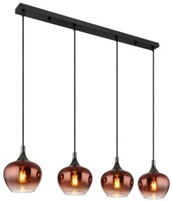 Globo 15548-4HG Függeszték fekete matt fém, fekete-króm fém, réz színű/átlátszó színátmenetes üveg búra, fekete textil kábel, HxSzxM: 1000x180x1200mm, 4x E27 40W 230V izzók nélkül