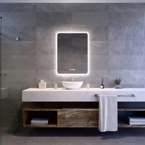 Álló fürdőszobai LED tükör 60x80cm | Páramentesítő funkció - Beépített óra - Fényerő és színhőmérséklet szabályozás | Welland Luxury-Line G790
