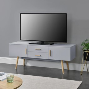 [en.casa] TV-állvány 140 x 40 x 56 cm TV-szekrény 2 szekrényajtóval és 2 fiókkal fa tartólábakkal komód forgácslap világosszürke