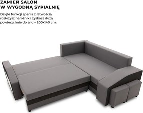 Grande sarokkanapé polcokkal és puffokkal , polc a bal karfaban puffok a jobb karfaban, jobboldali, szövet anyag, hab töltet, szürke - fekete