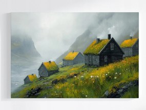 Poszter Tájkép Feröer-szigetek Hegyek Házak Köd Trekking 60x40