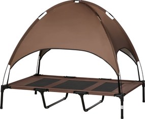 PawHut Magasított Kutyafekhely Napernyővel, Kutyapihenő, Kültéri Kutyapárna Tetővel, Légáteresztő Taft Anyagból, Kávé 122 x 92 x 108 cm | Aosom