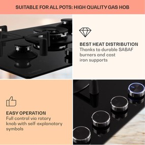 Klarstein Illuminosa 5, gázfőzőlap, 5 Sabaf égő, üvegkerámia, fekete